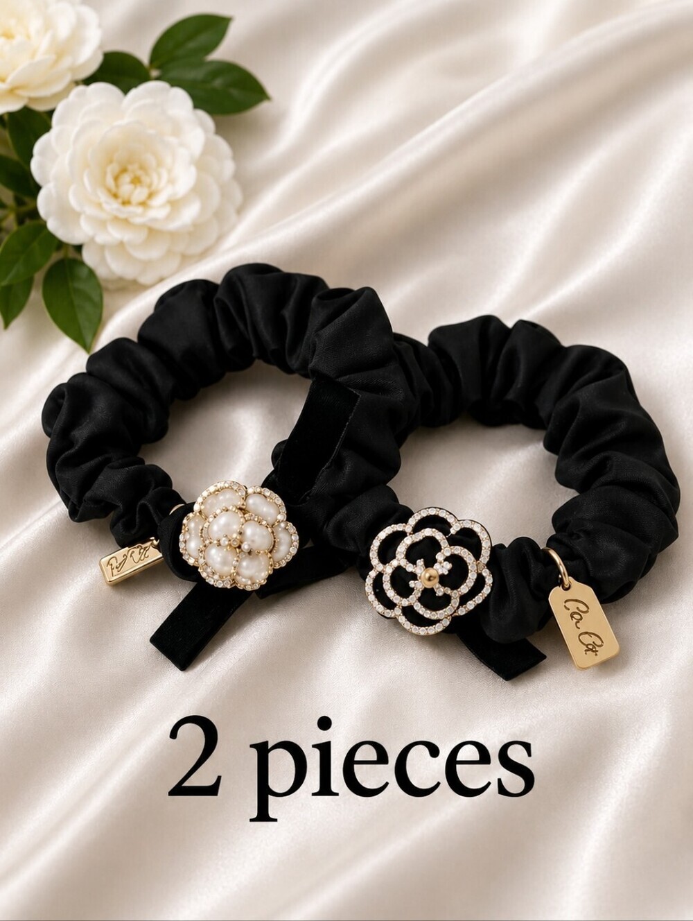 Camellia Floral 2 Piece Elegant Black Hair Scrunchies